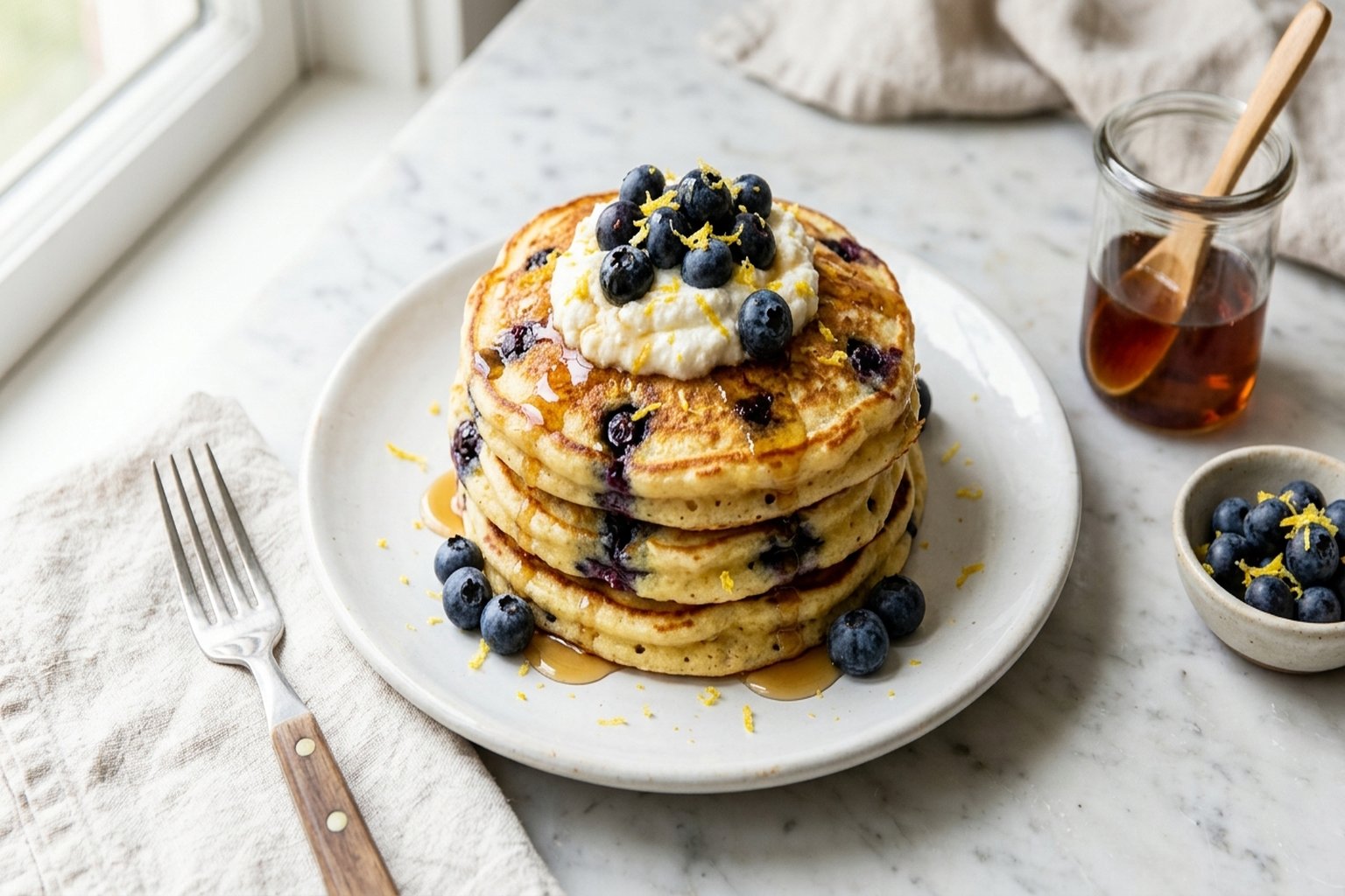 Blueberry Lemon Ricotta Pancakes — finished dish