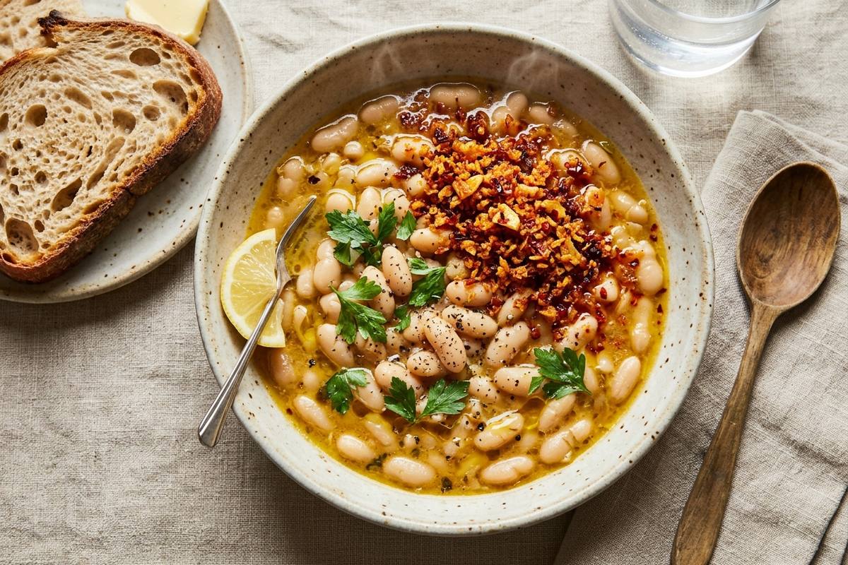 Brothy Beans with Crunchy Toppings — finished dish