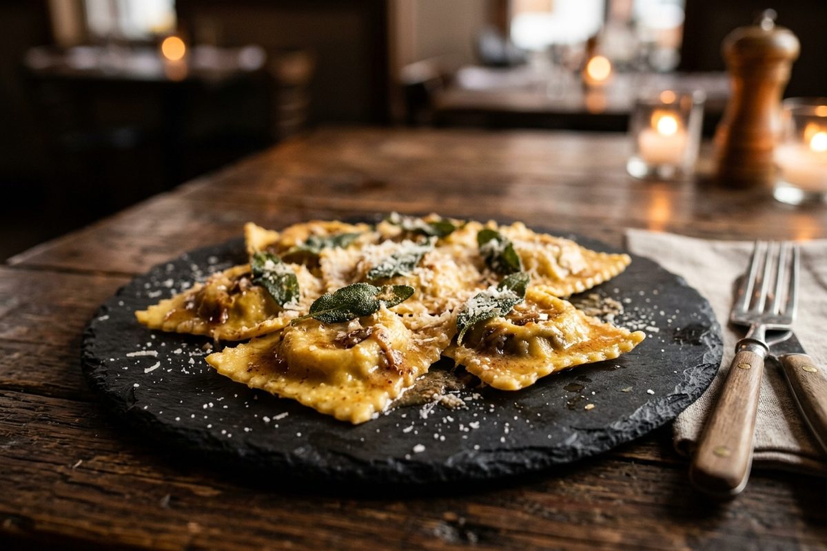 Butternut Squash & Wild Mushroom Ravioli with Brown Butter Sage — finished dish