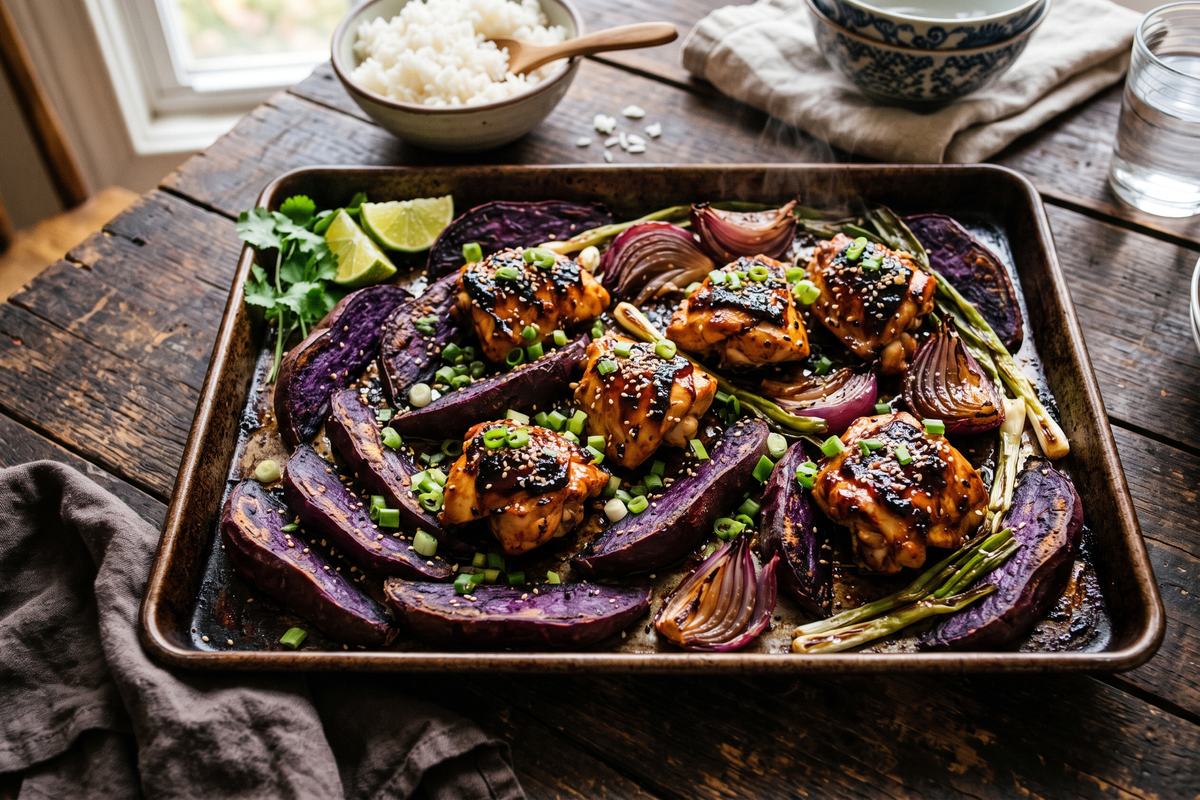 Char-Roasted Ube & Black-Garlic Sheet-Pan Dinner — finished dish
