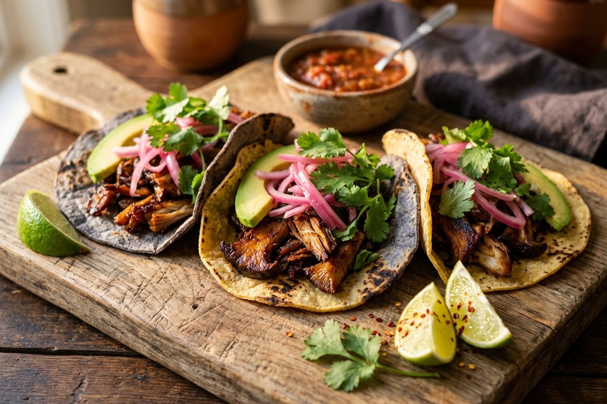 Crispy Mushroom 'Carnitas' Tacos with Pickled Red Onion — finished dish