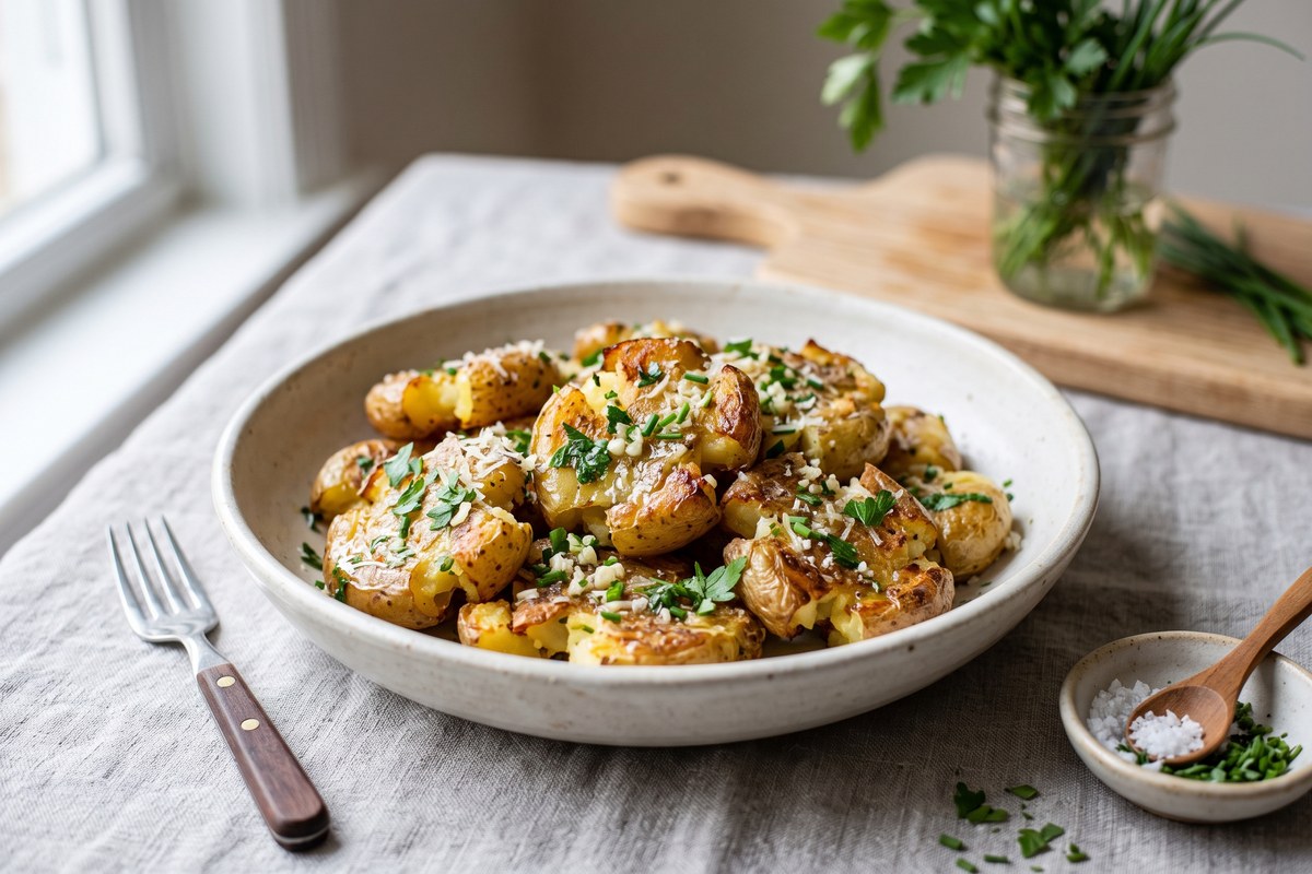 Crispy Smashed Potatoes with Garlic-Herb Butter — finished dish