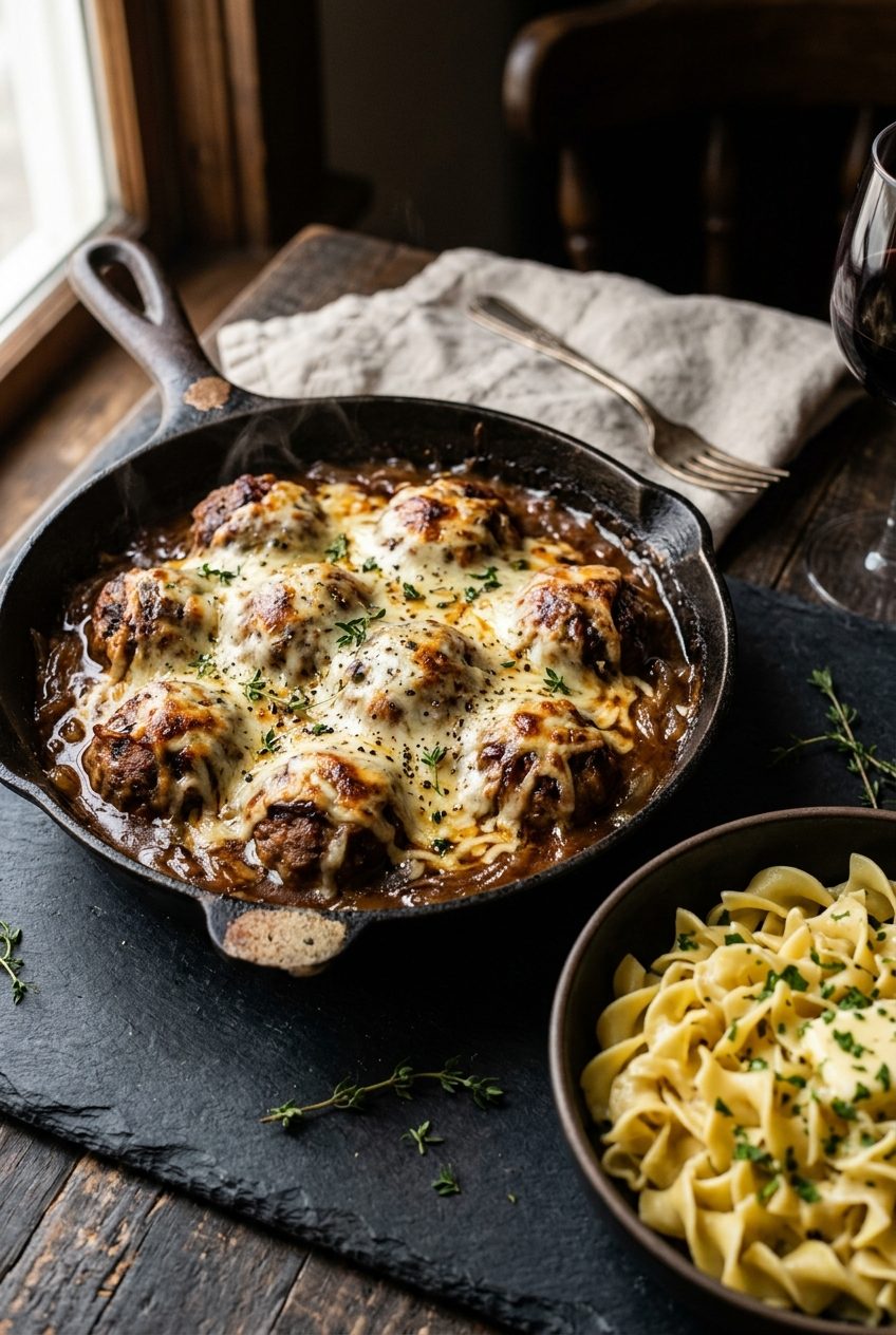 French Onion Meatballs — finished dish