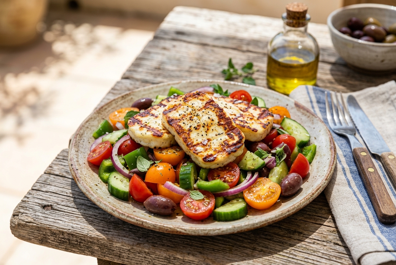 Greek Salad with Grilled Halloumi — finished dish