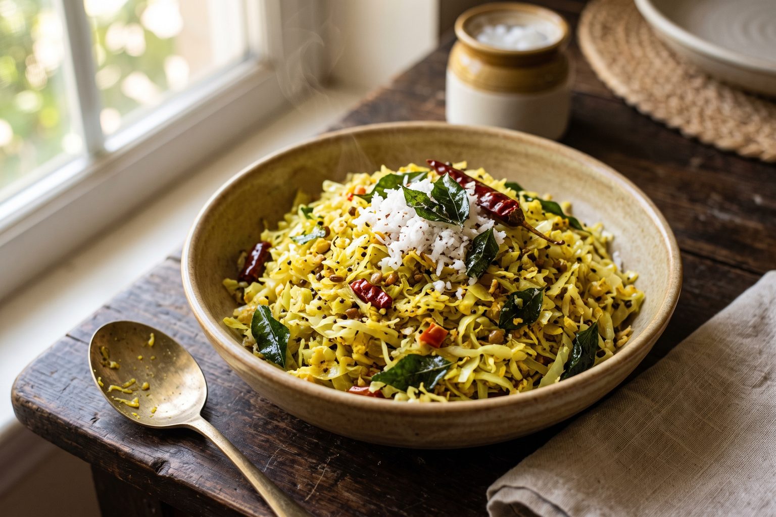 Kerala Cabbage Thoran (Coconut Cabbage Stir-Fry) — finished dish