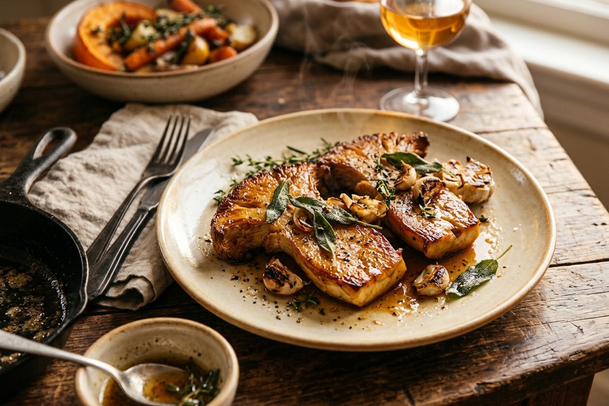 Seared Lion’s Mane Mushroom Steaks with Sage Brown Butter — finished dish