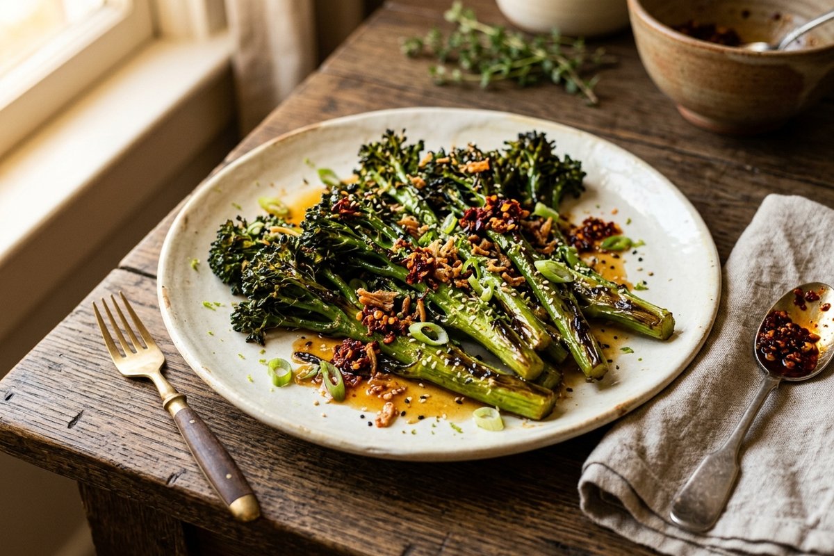 Miso-Butter Roasted Broccolini with Chili Crisp — finished dish