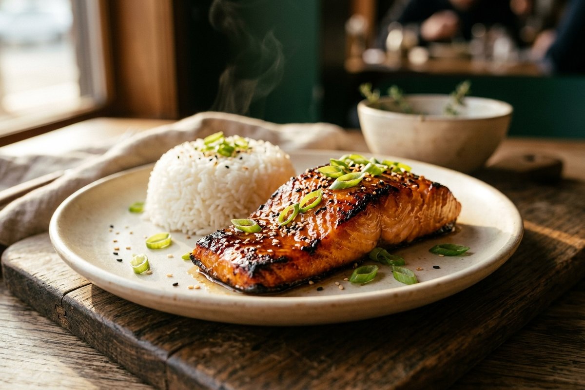 Miso-Maple Glazed Salmon — finished dish