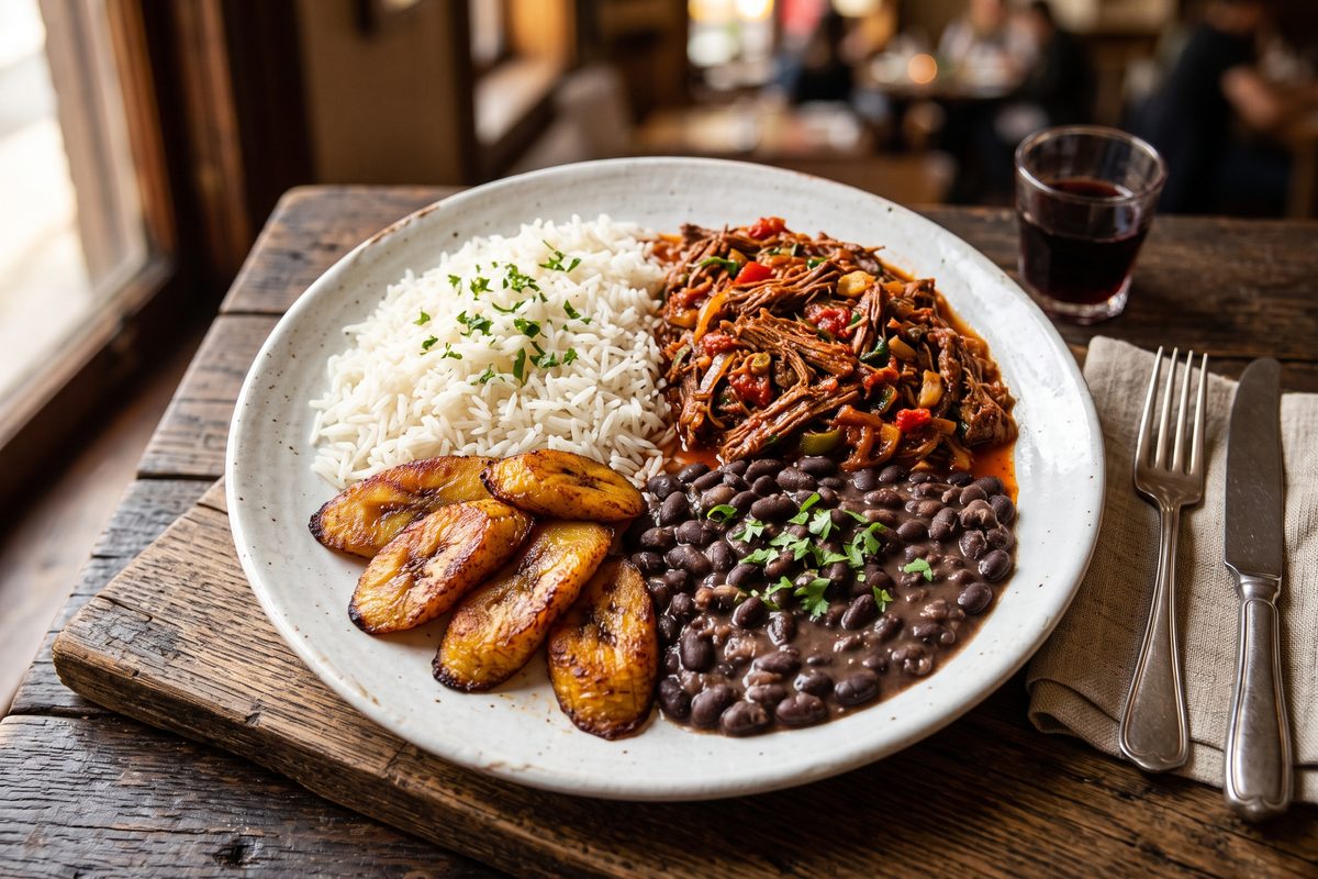 Pabellón Criollo (Venezuelan Shredded Beef, Black Beans, Rice & Plantains) — finished dish