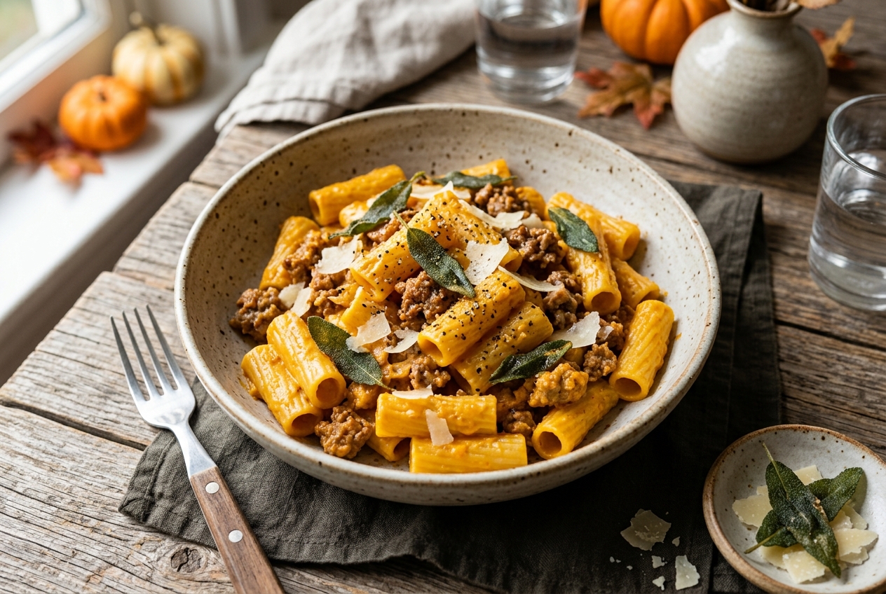 Pumpkin Cream Pasta with Sausage & Sage — finished dish