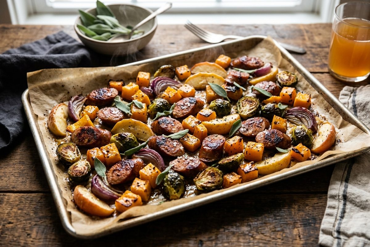 Sheet-Pan Sausage and Roasted Fall Vegetables — finished dish