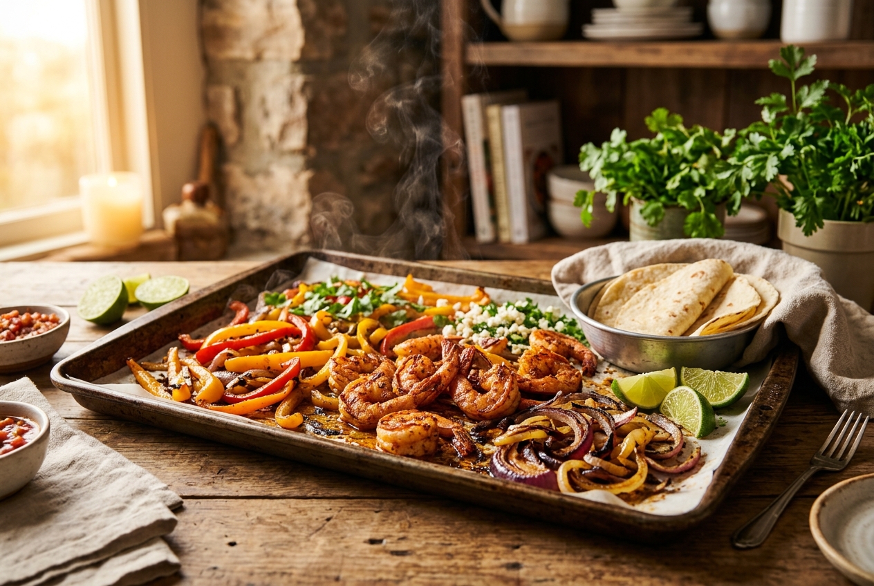Sheet Pan Shrimp Fajitas — finished dish