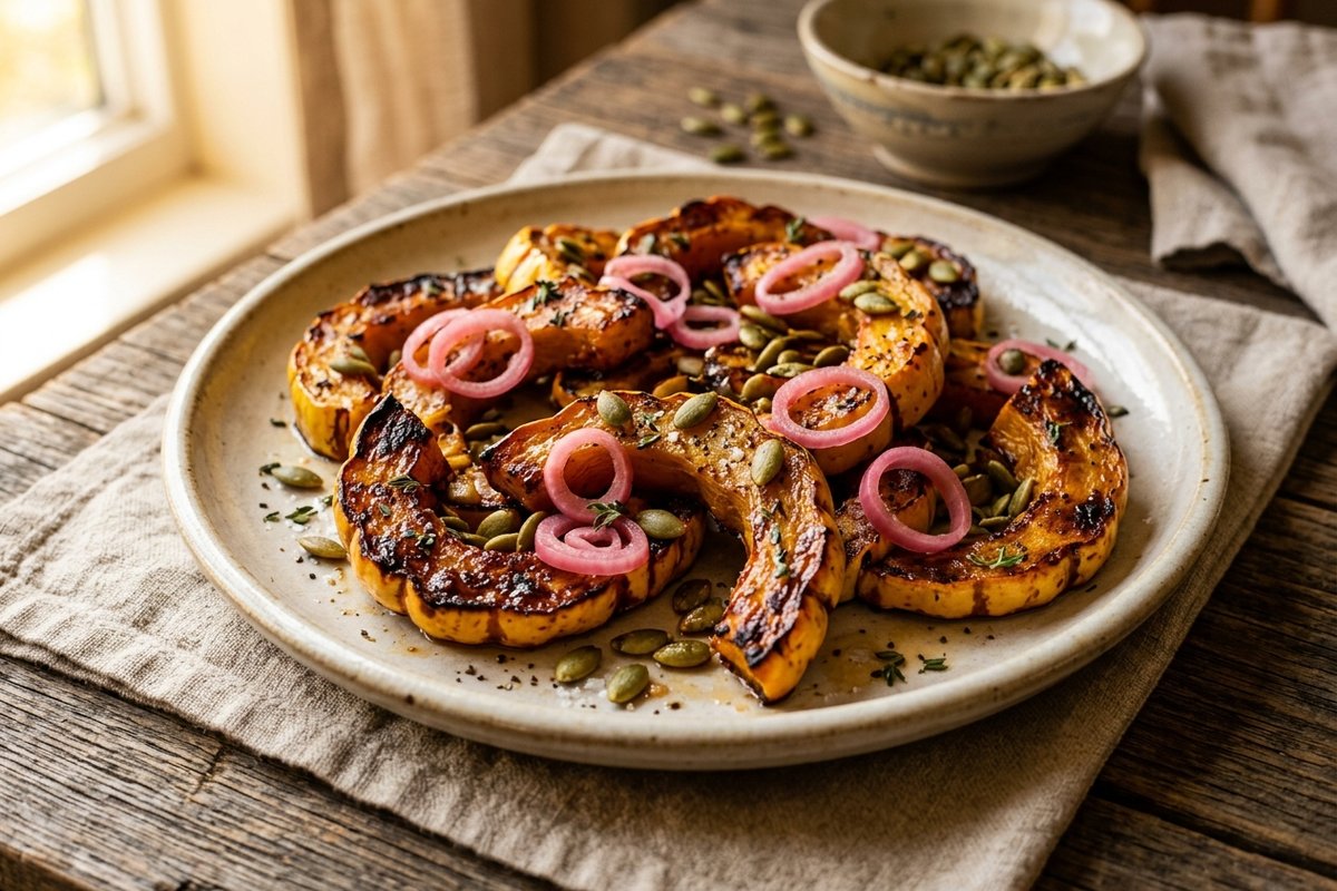 Smoky Maple Delicata Squash with Quick-Pickled Shallots