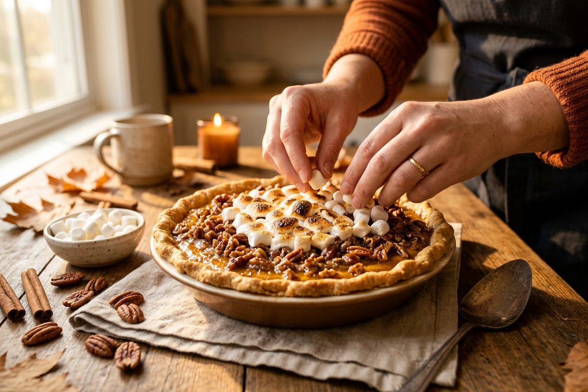 Sweet Potato Pie with Toasted Marshmallow & Pecan Streusel — finished dish