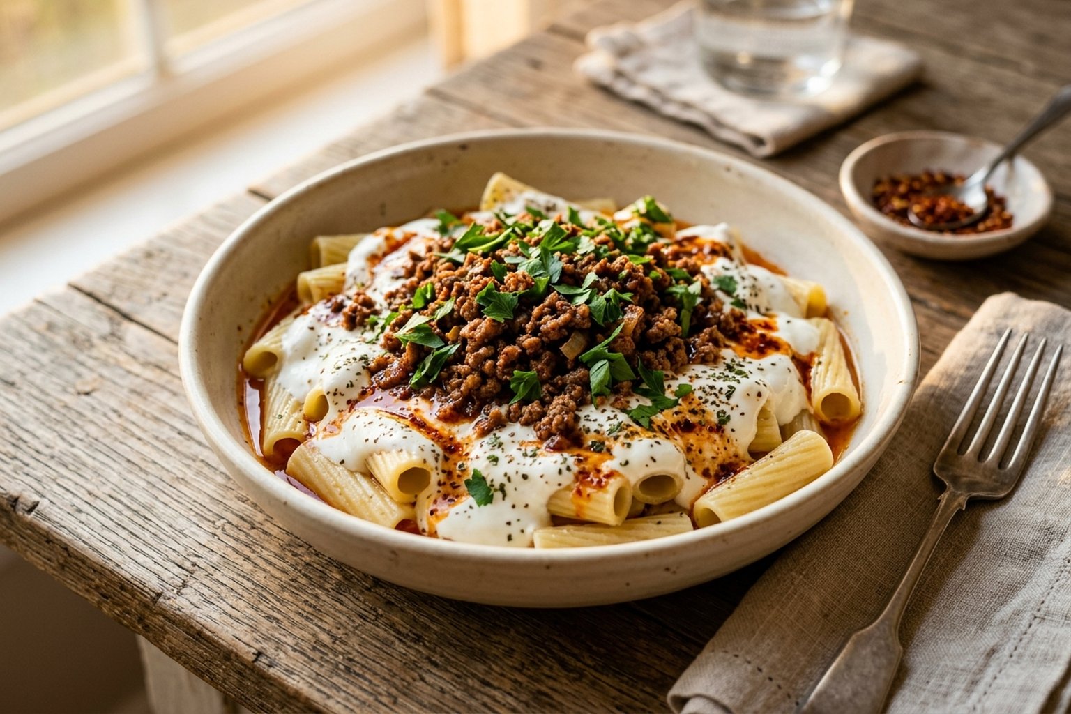 Viral Turkish Pasta (Garlicky Yogurt, Spiced Beef & Butter-Paprika) — finished dish